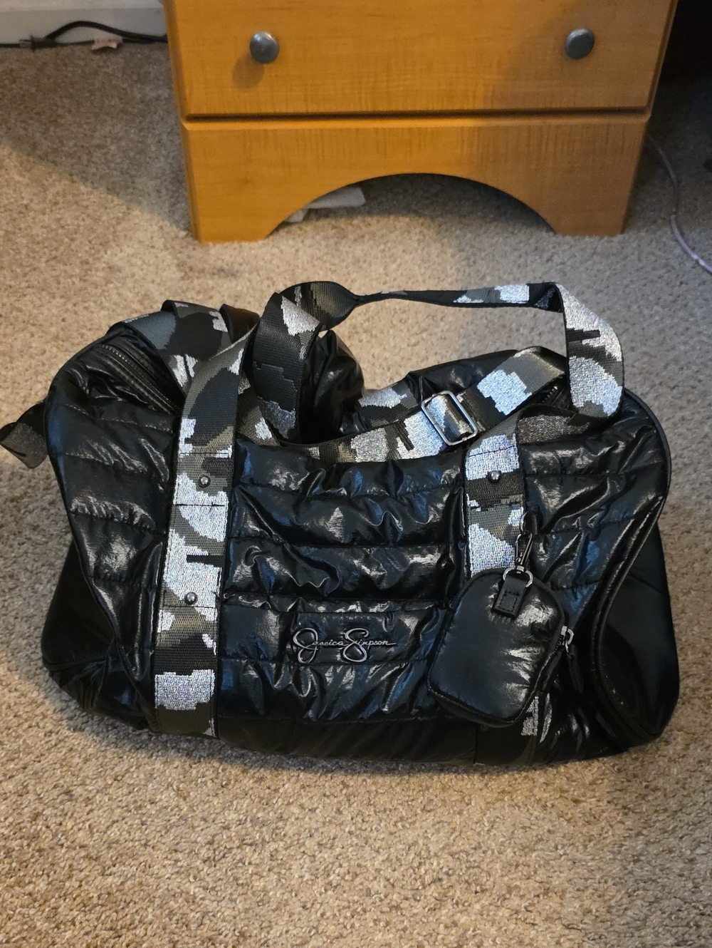 Jessica Simpson Black Quilted Duffel with Silver-Accent Strap
